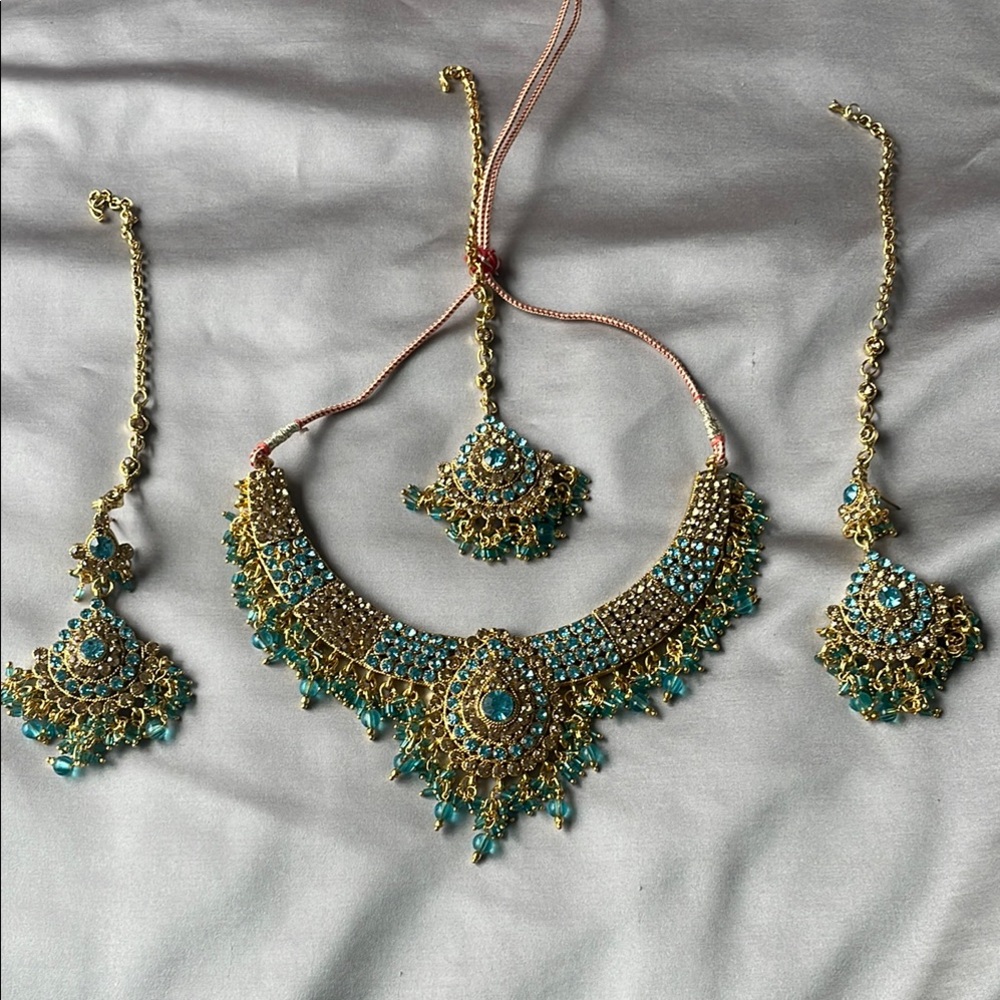 Gold-Tone Teal Crystal Indian Bridal Necklace Set